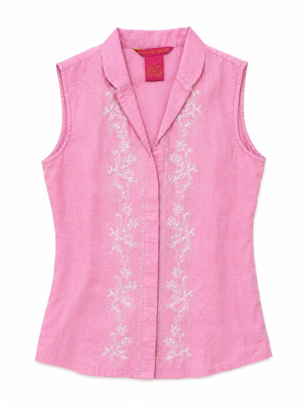Sunny Leigh Pink Linen Embroidered Top Coastal Grandmother Boho Cottagecore S
